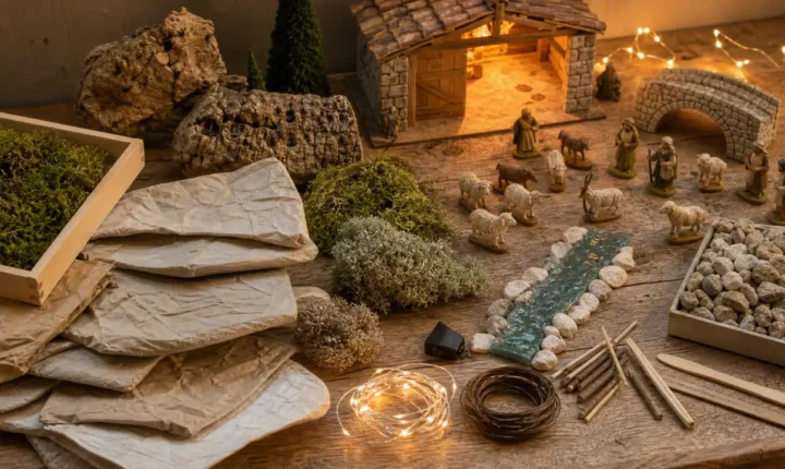 Papier rocher, mousse, pont miniature et lumiere chaude pour decorer une creche