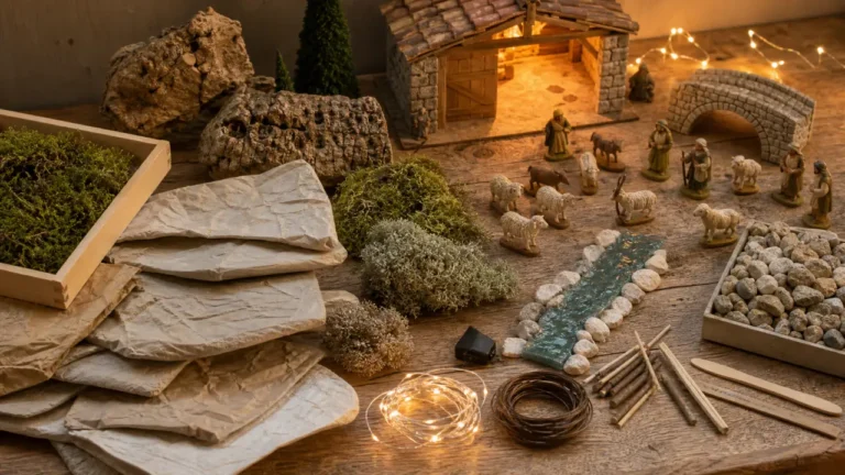 Papier rocher, mousse, pont miniature et lumiere chaude pour decorer une creche