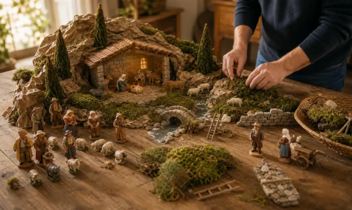 Installation d une creche provencale avec mousse, papier rocher et santons