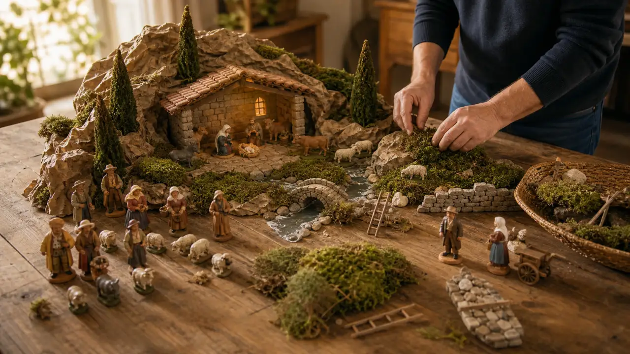 Installation d une creche provencale avec mousse, papier rocher et santons