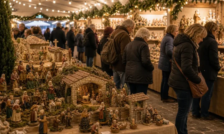 Foire aux santons en Provence avec visiteurs et stands de santonniers