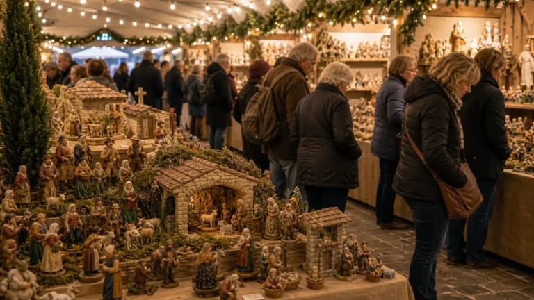Foire aux santons en Provence avec visiteurs et stands de santonniers