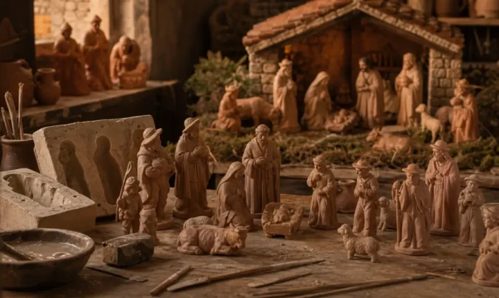 Santons traditionnels dans une ambiance d atelier ancien avec argile et moules