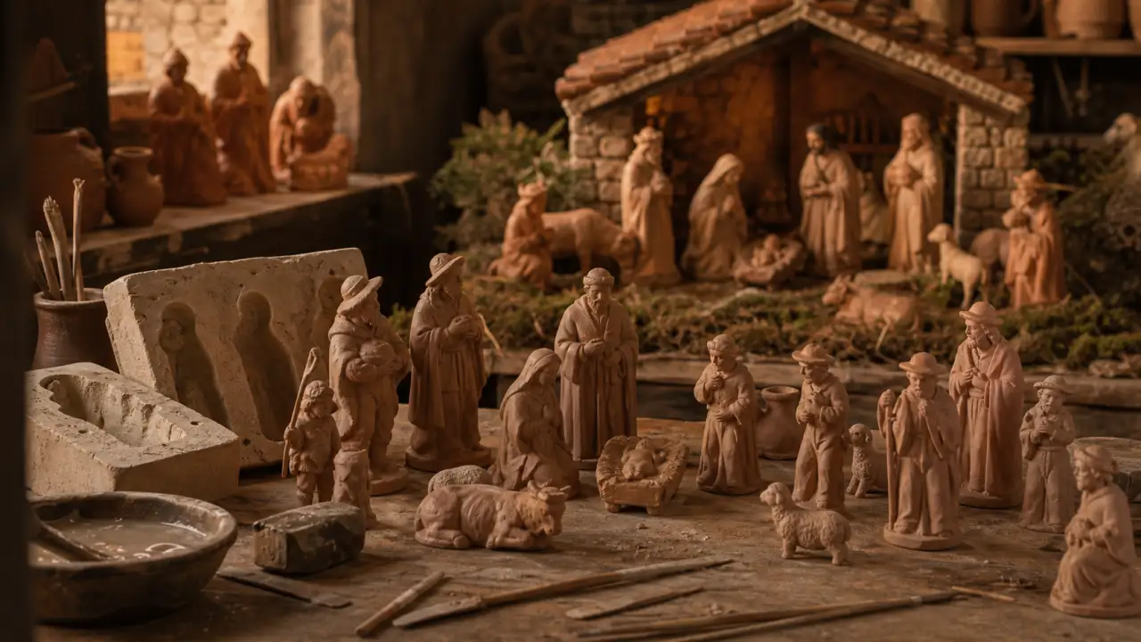Santons traditionnels dans une ambiance d atelier ancien avec argile et moules