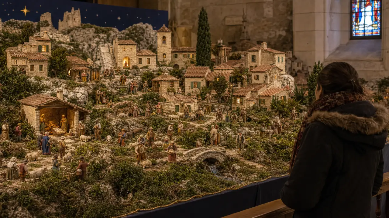 Visiteur observant une grande creche provencale exposee avec village miniature
