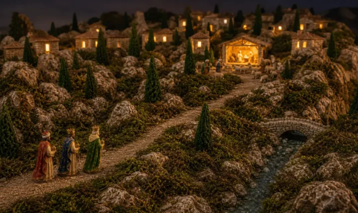 Rois mages places loin de l etable sur un chemin de creche avant l Epiphanie
