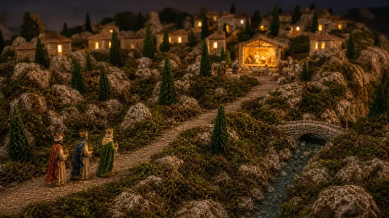Rois mages places loin de l etable sur un chemin de creche avant l Epiphanie