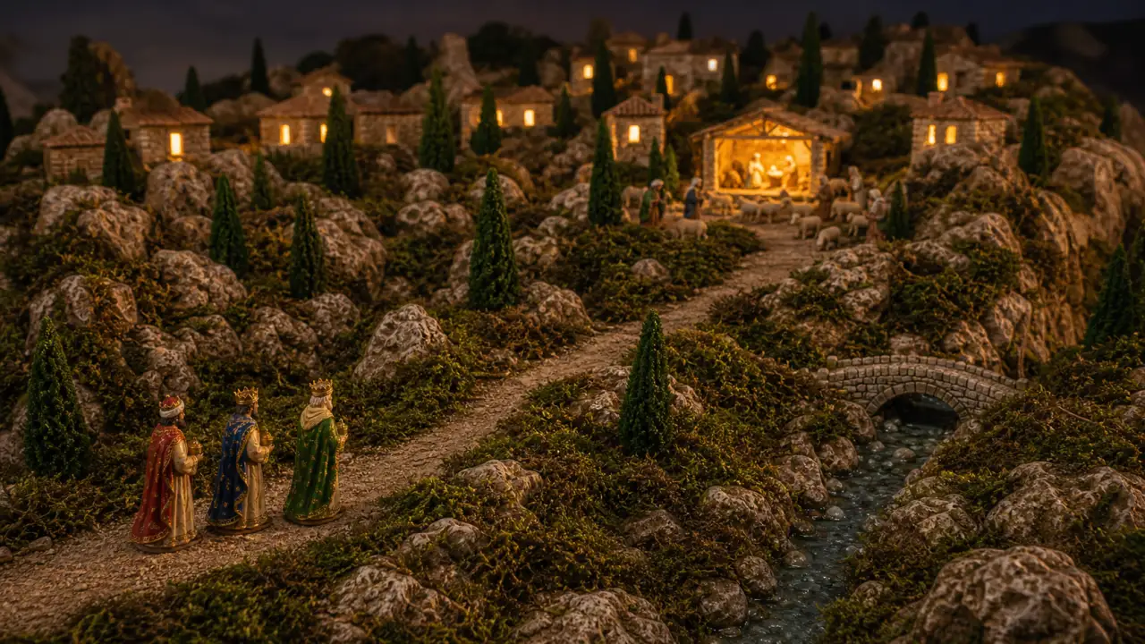 Rois mages places loin de l etable sur un chemin de creche avant l Epiphanie
