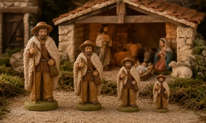 Santons de tailles differentes compares devant une etable de creche