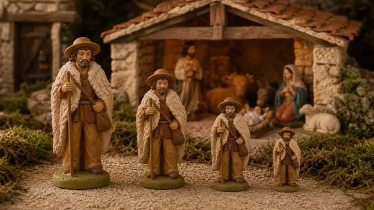 Santons de tailles differentes compares devant une etable de creche