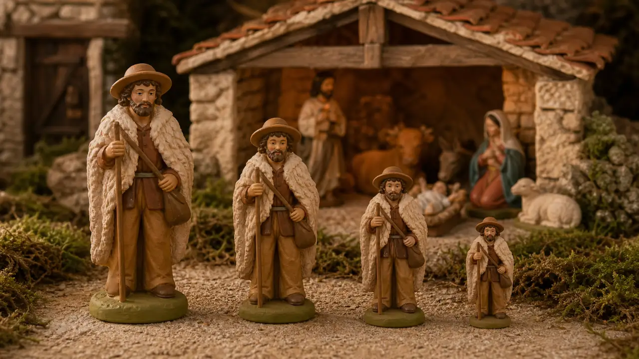 Santons de tailles differentes compares devant une etable de creche