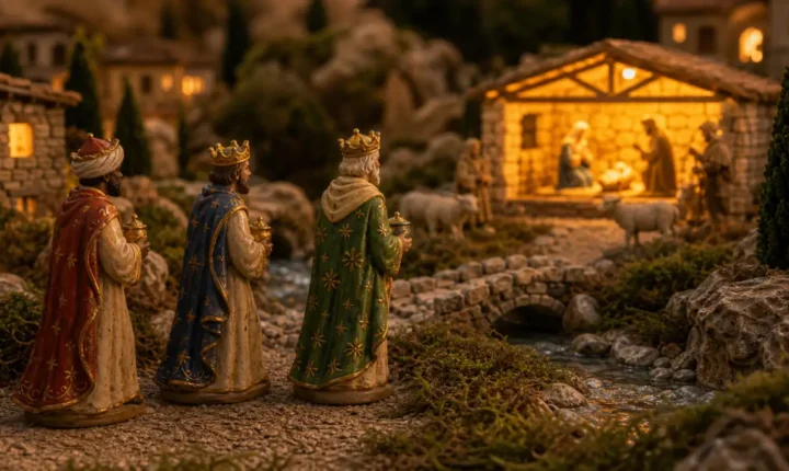 Trois santons Rois mages en chemin vers l etable de la creche