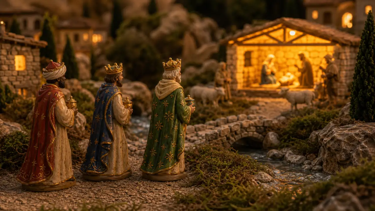 Trois santons Rois mages en chemin vers l etable de la creche