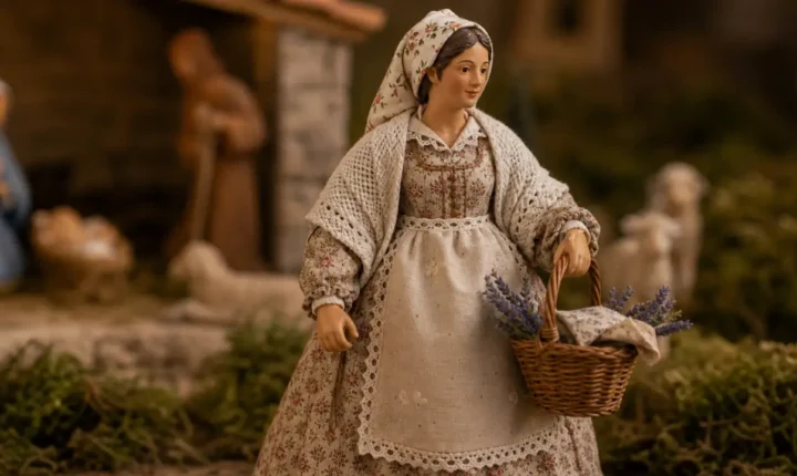 Gros plan d un santon habille avec costume en tissu provencal