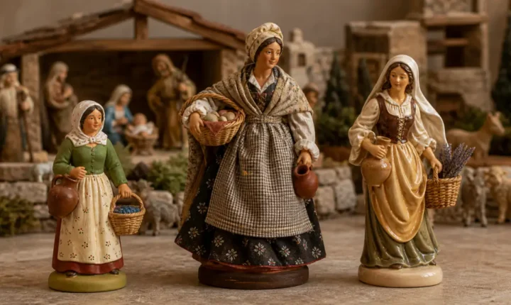Comparaison de santons en argile peint, santon habille et figurine brillante