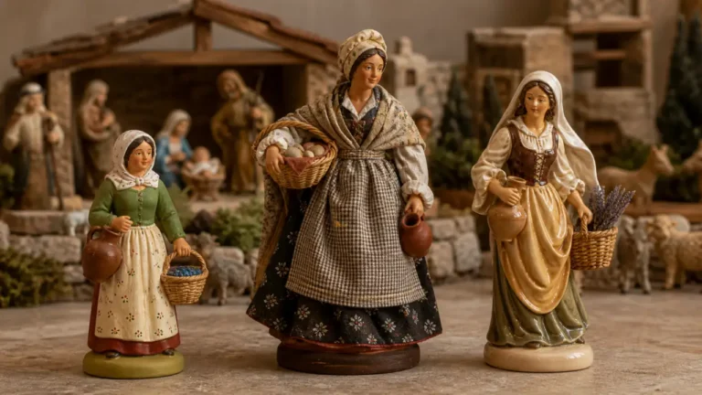Comparaison de santons en argile peint, santon habille et figurine brillante