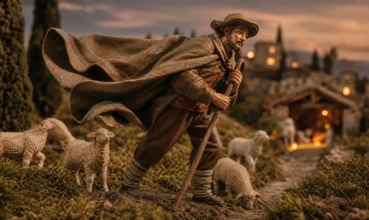 Santon de berger au manteau souleve par le mistral dans une creche provencale