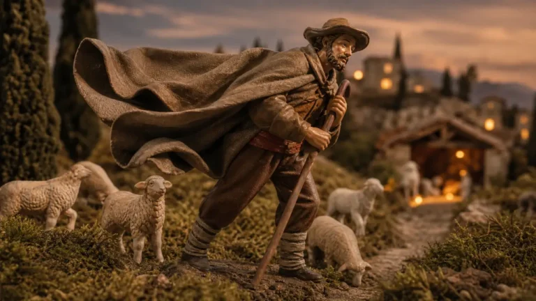 Santon de berger au manteau souleve par le mistral dans une creche provencale