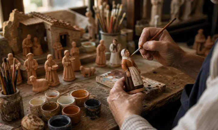 Atelier de santonnier marseillais avec santons en argile en cours de peinture