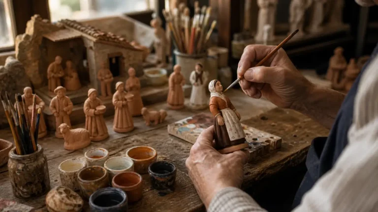 Atelier de santonnier marseillais avec santons en argile en cours de peinture